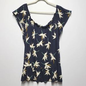 Lane Bryant Flowy Top Blue Floral Off Shoulder Shirt Size 30/32 Swing Collection